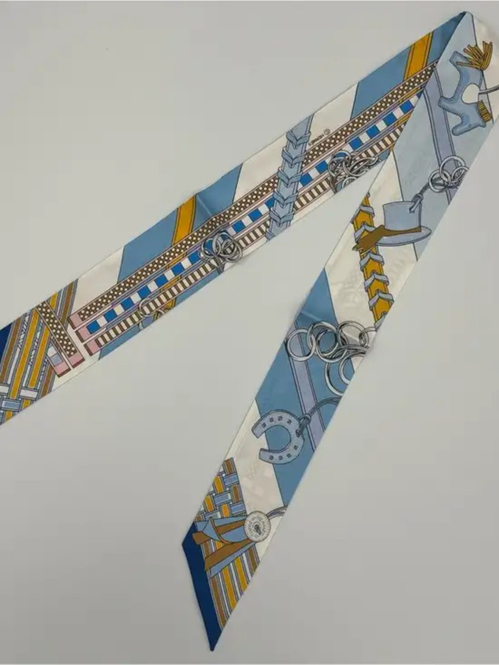 Hermes Paris Twilly Blue Equestrian Silk Scarf Bag Ribbon